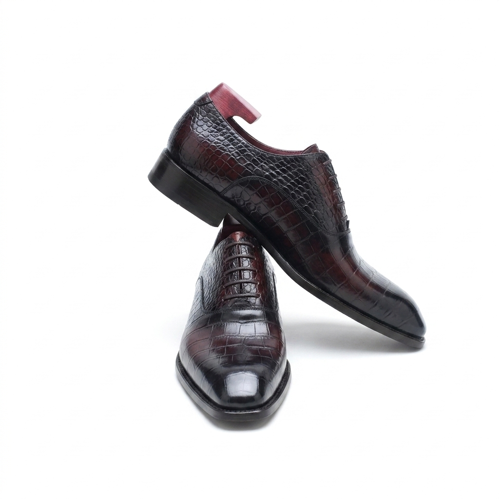 Handcrafted Luxury Burgundy Croco Oxford Shoes