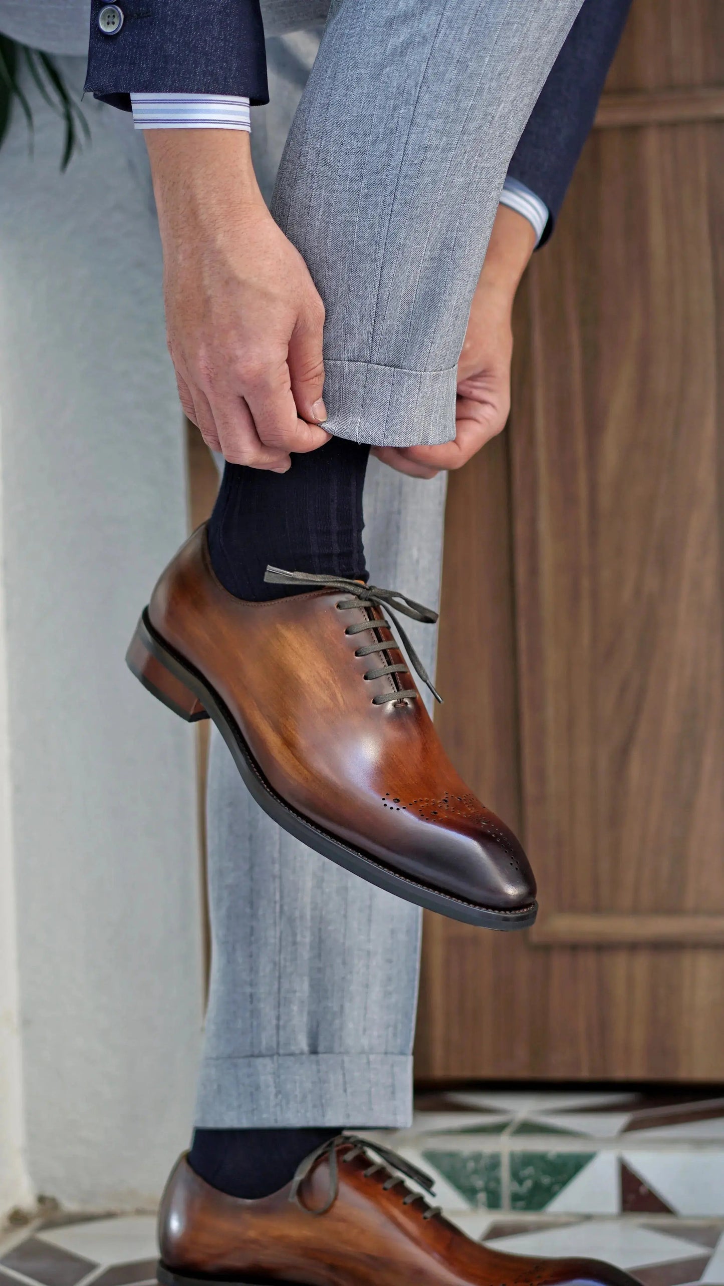 | Cowhide Leather Blue and Brown Oxfords