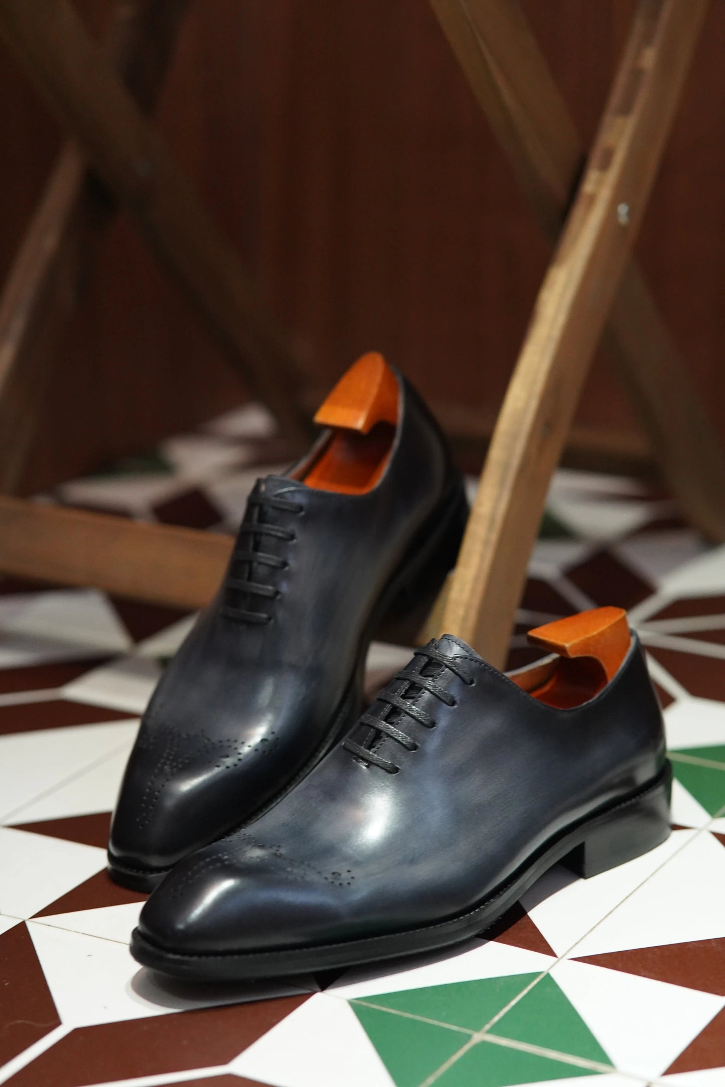 | Cowhide Leather Blue and Brown Oxfords