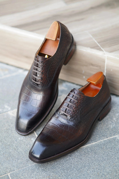 Handcrafted Luxury Burgundy Croco Oxford Shoes