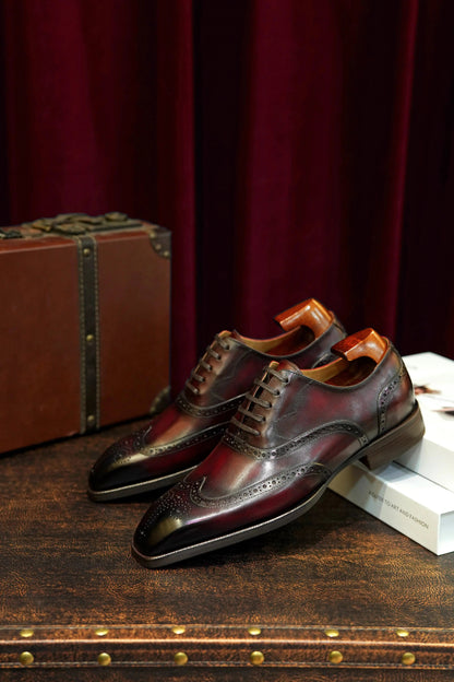 | Handmade Burgundy Leather Wingtip Brogue Oxford Dress Shoes