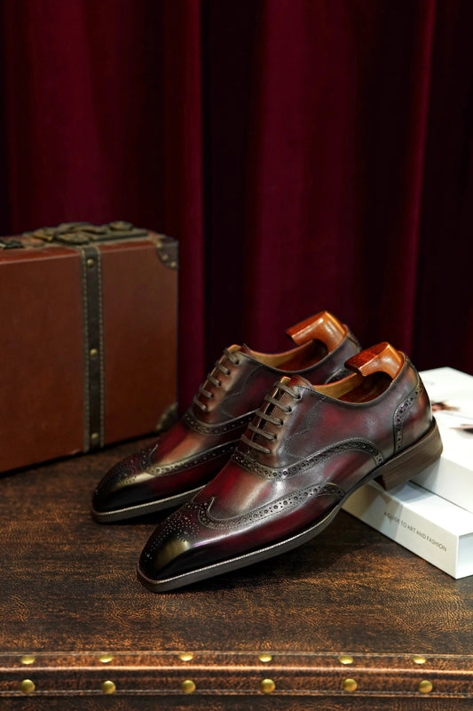 | Handmade Burgundy Leather Wingtip Brogue Oxford Dress Shoes