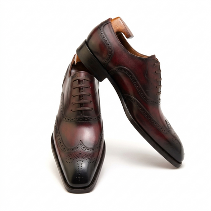 | Handmade Burgundy Leather Wingtip Brogue Oxford Dress Shoes