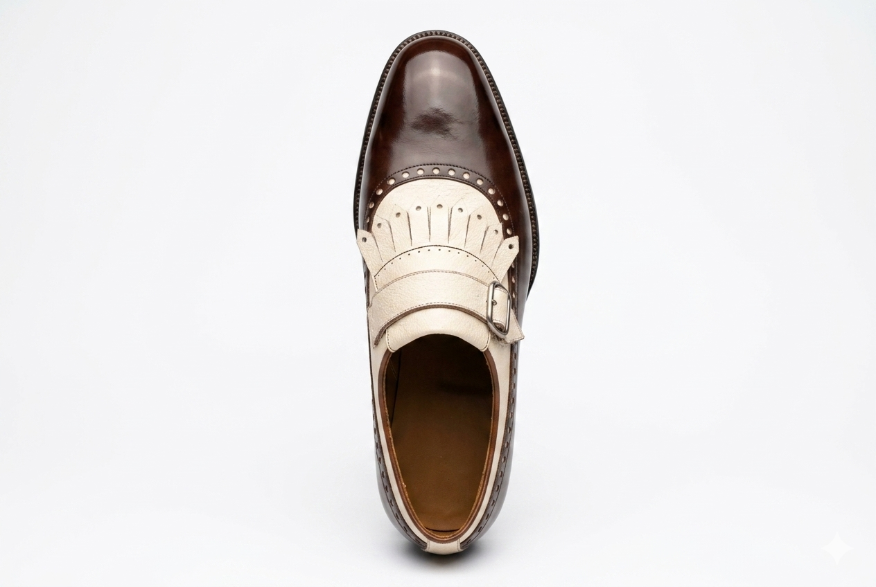Brown Leather White Fringe Single Monk Shoes | Men's Designer Dress Shoes