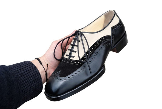 Men's Wingtip Brogue Dress Shoe — Handmade Black & Beige Suede Leather | PelleVista