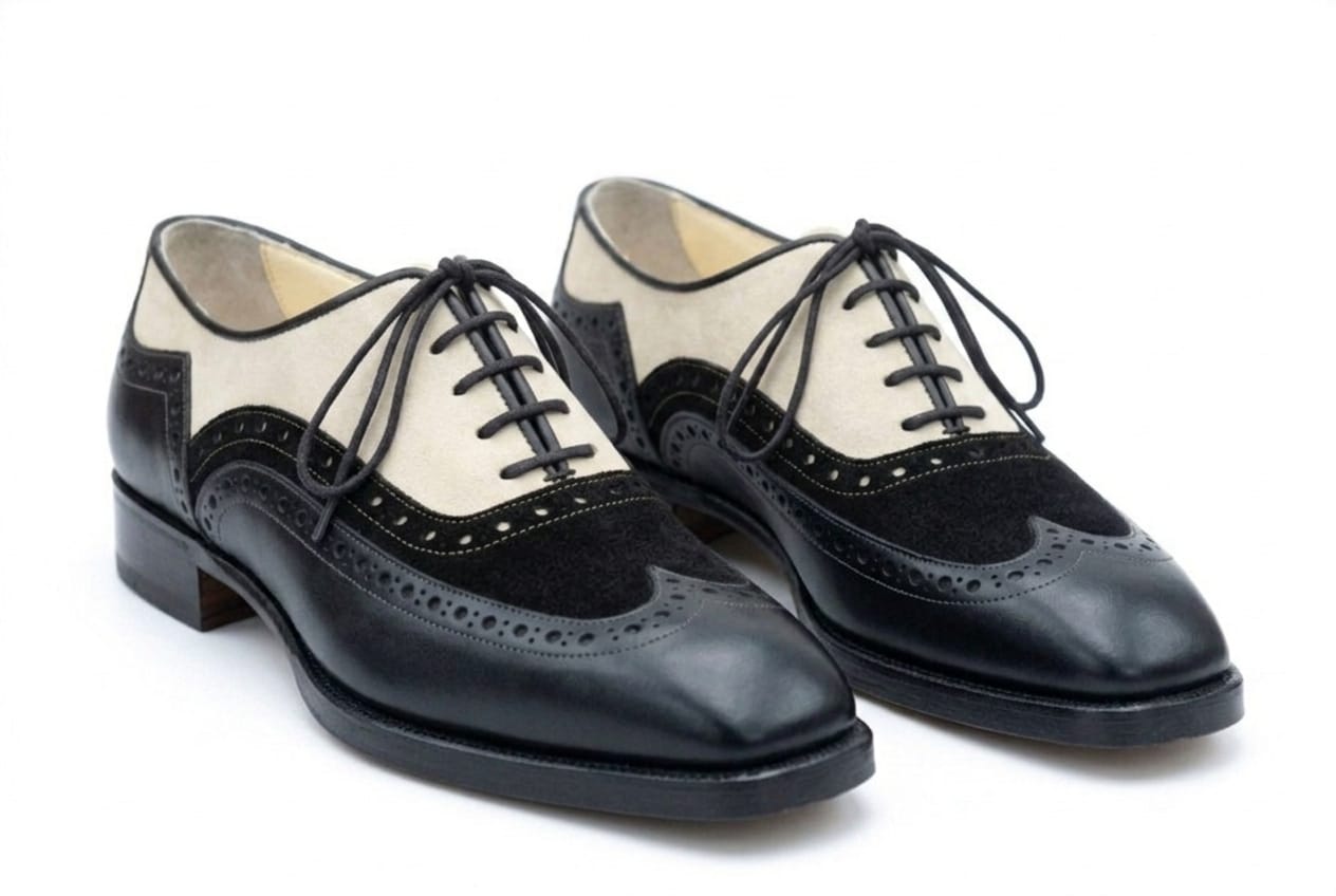 Men's Wingtip Brogue Dress Shoe — Handmade Black & Beige Suede Leather | PelleVista