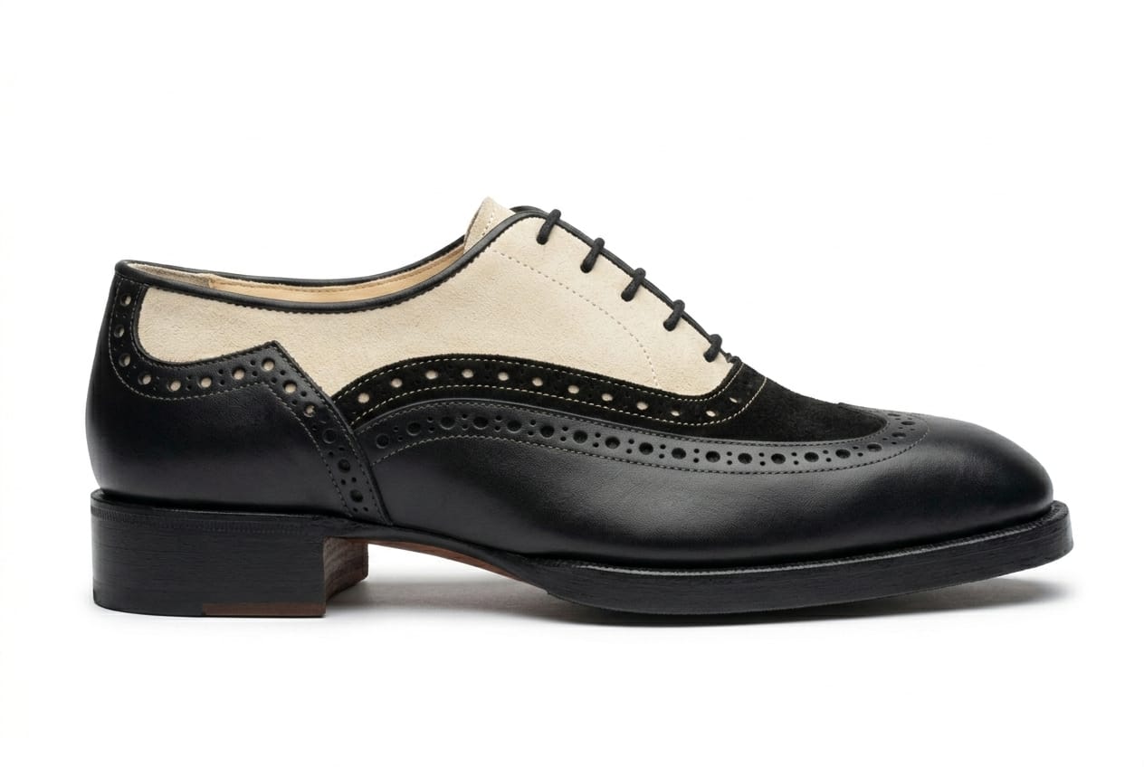 Men's Wingtip Brogue Dress Shoe — Handmade Black & Beige Suede Leather | PelleVista