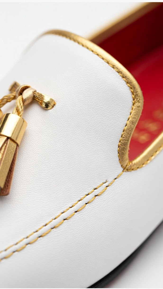 Pellevista Bianco Tassel Loafer - Gold Hardware & Red Sole