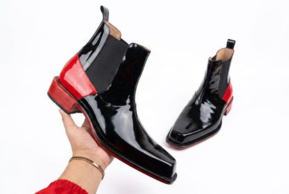 Black Patent Leather Chelsea Boots with Red Sole | PelleVista